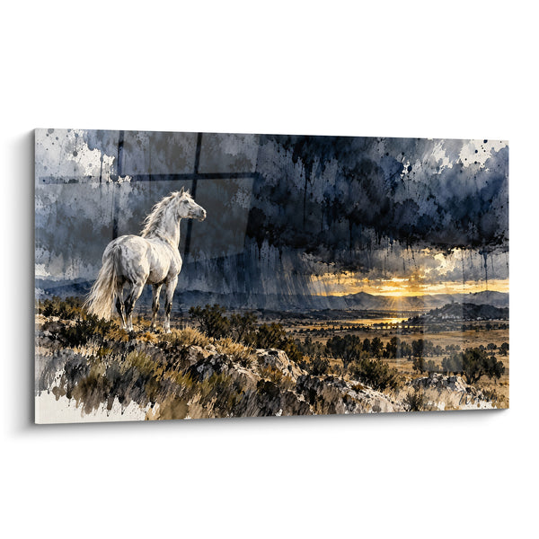 Tableau Cheval blanc sous ciel anthracite et doré - Veille avant l'orage - Edition Cheval Andalou