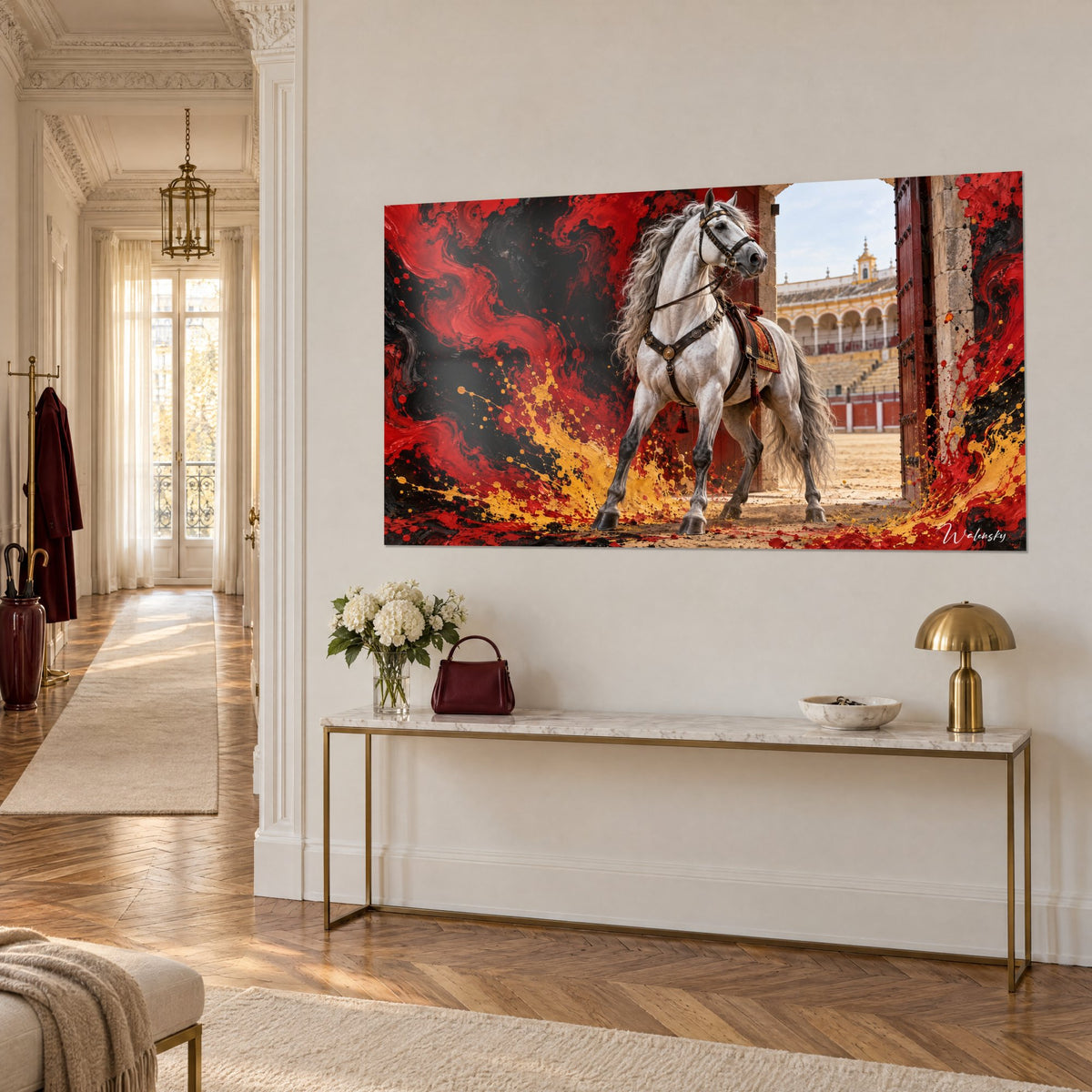 Tableau cheval blanc harnaché sous une arche, crinière argentée, remous rouge carmin et noir, sur une console dorée haussmannienne