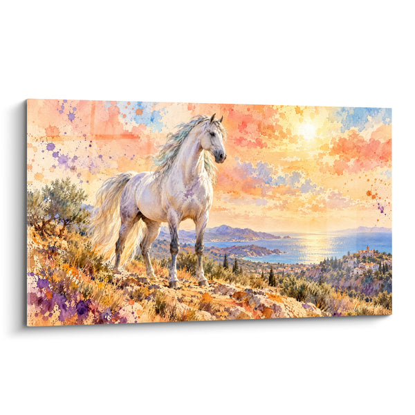 Tableau Cheval blanc dominant une baie orangée - Village côtier ensoleillé - Edition Cheval Andalou
