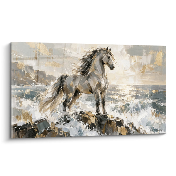 Tableau Cheval blanc sur rochers dorés face aux vagues - Souffle de l'océan - Edition Cheval Andalou