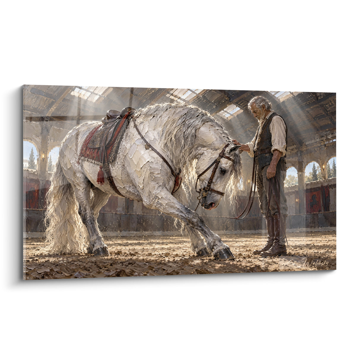 Tableau Cheval Andalou blanc inclinant la tête, robe crème et selle bordeaux, lumière dorée
