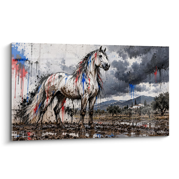 Tableau Cheval blanc éclaboussé de bleu et rouge - Tempête de caractère - Edition Cheval Andalou