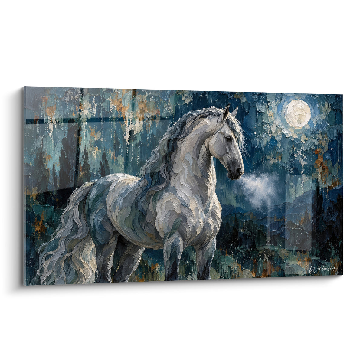 Tableau Cheval Andalou blanc à crinière argentée sous une pleine lune bleu marine texturée