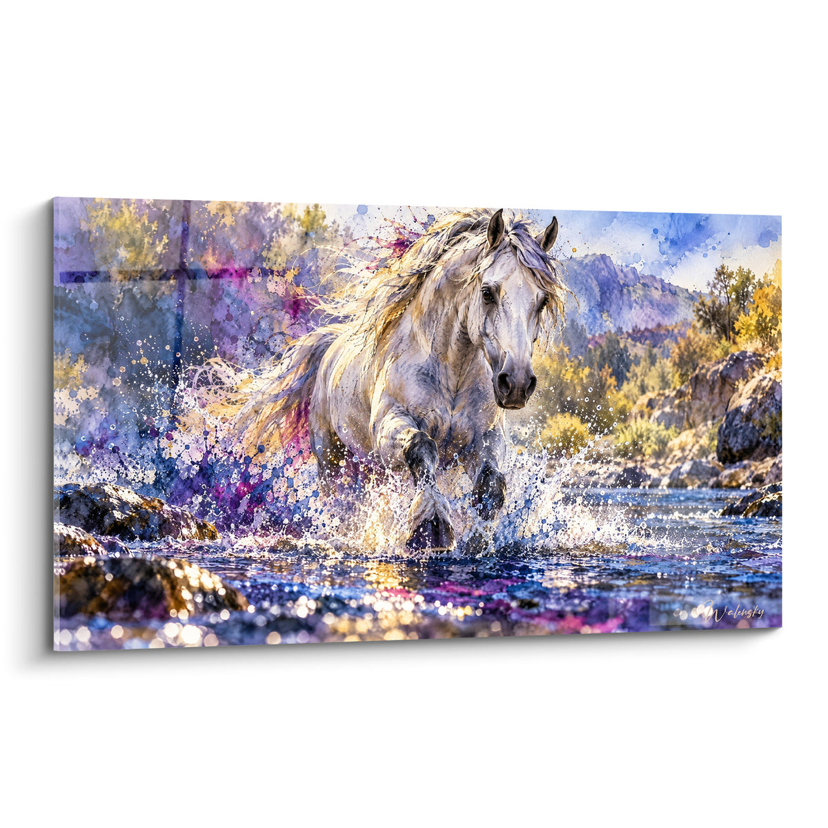 Tableau Cheval Andalou blanc galopant dans une rivière violette et dorée, éclaboussures lumineuses