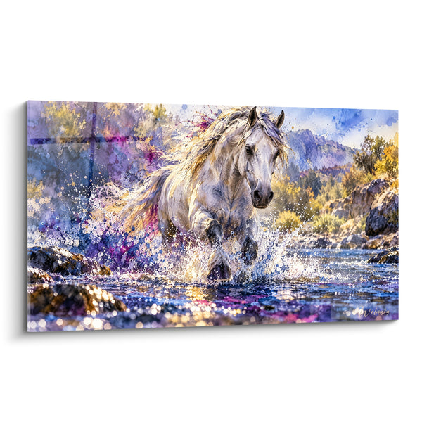 Tableau Cheval blanc traversant une rivière violette - Traversée impétueuse - Edition Cheval Andalou