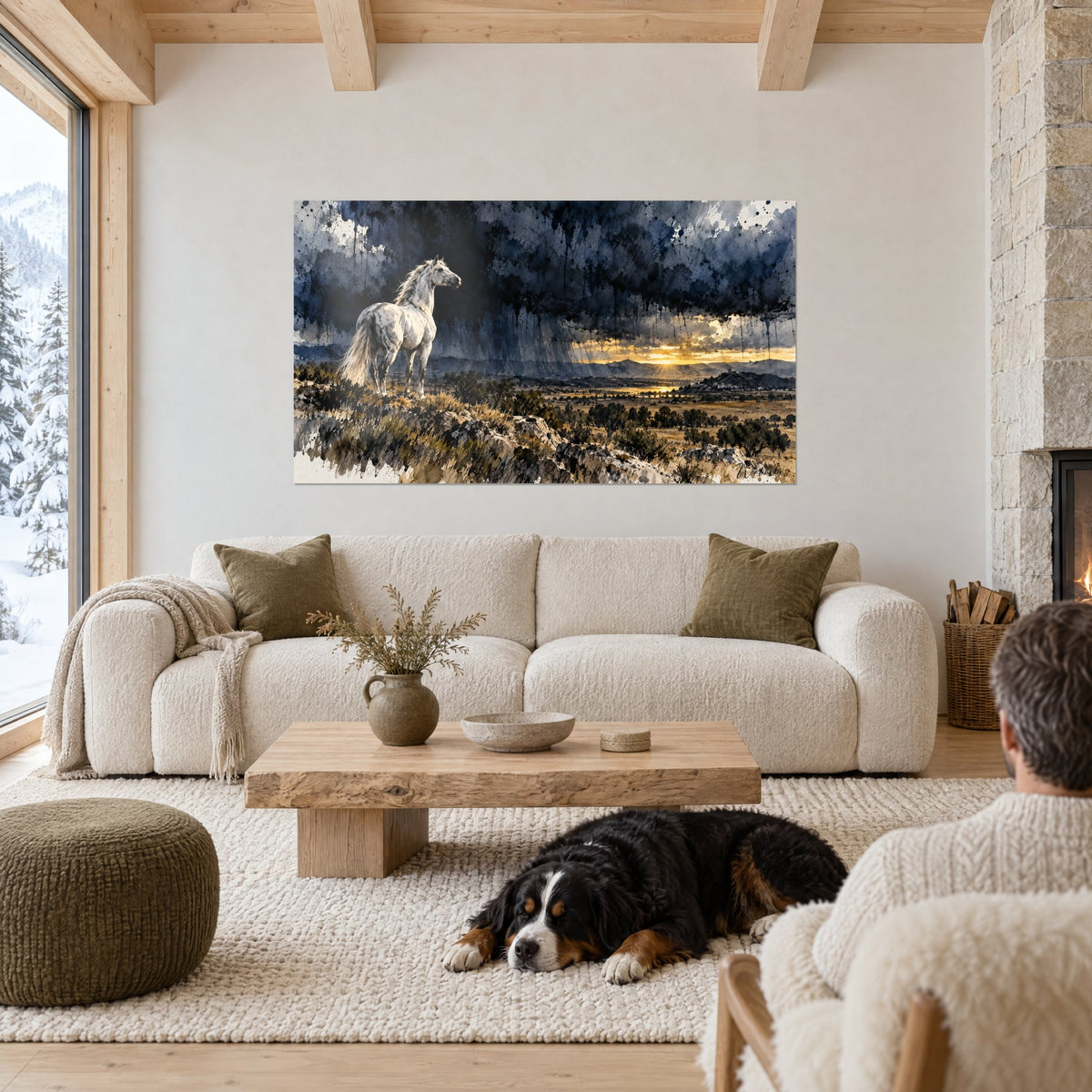 Tableau étalon blanc dressé sur un rocher, ciel anthracite et lueur dorée, chien couché, au-dessus d'un canapé dans un salon lumineux