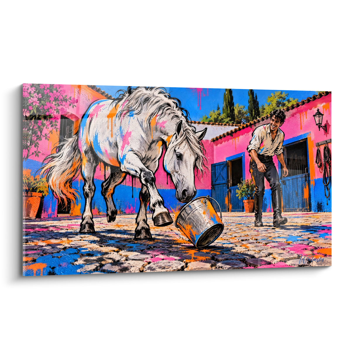 Tableau Cheval Andalou blanc renversant seau argenté dans cour rose et bleue, scène joyeuse