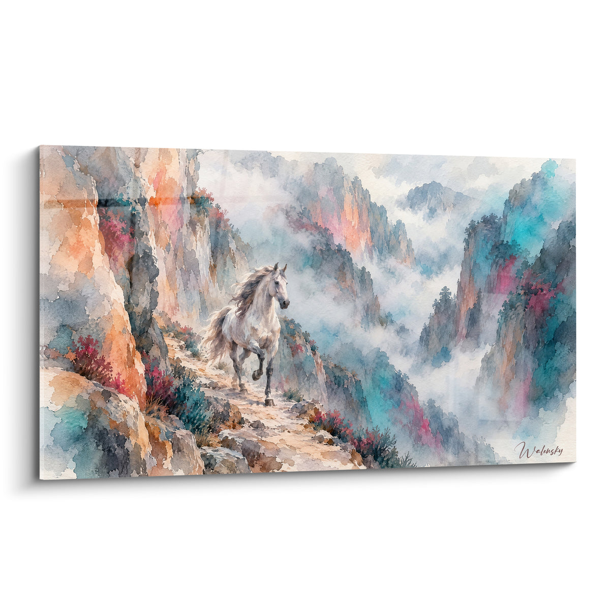 Tableau cheval andalou blanc galopant sur sentier rocheux entre falaises ocre et turquoise brumeuses
