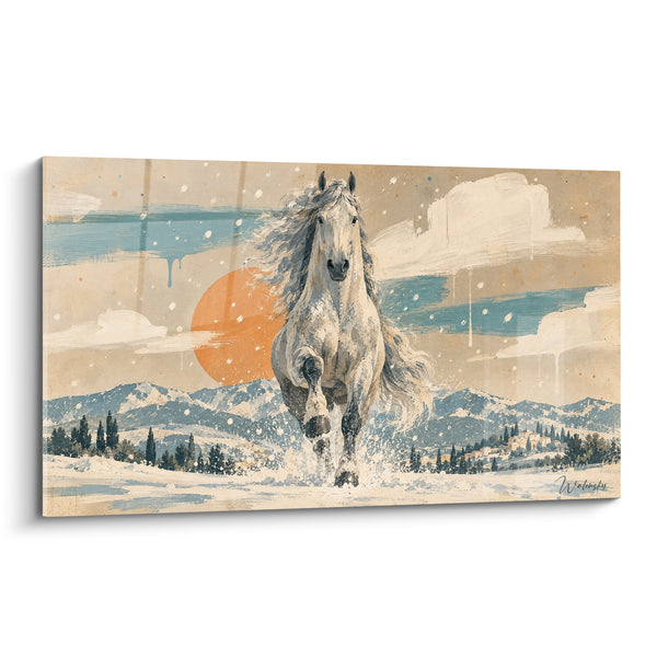 Tableau Cheval blanc galopant sous soleil orangé - Course hivernale - Edition Cheval Andalou