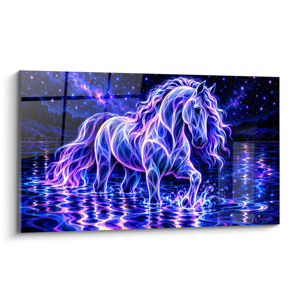 Tableau Cheval lumineux bleu violet traversant l'eau - Apparition céleste - Edition Cheval Andalou