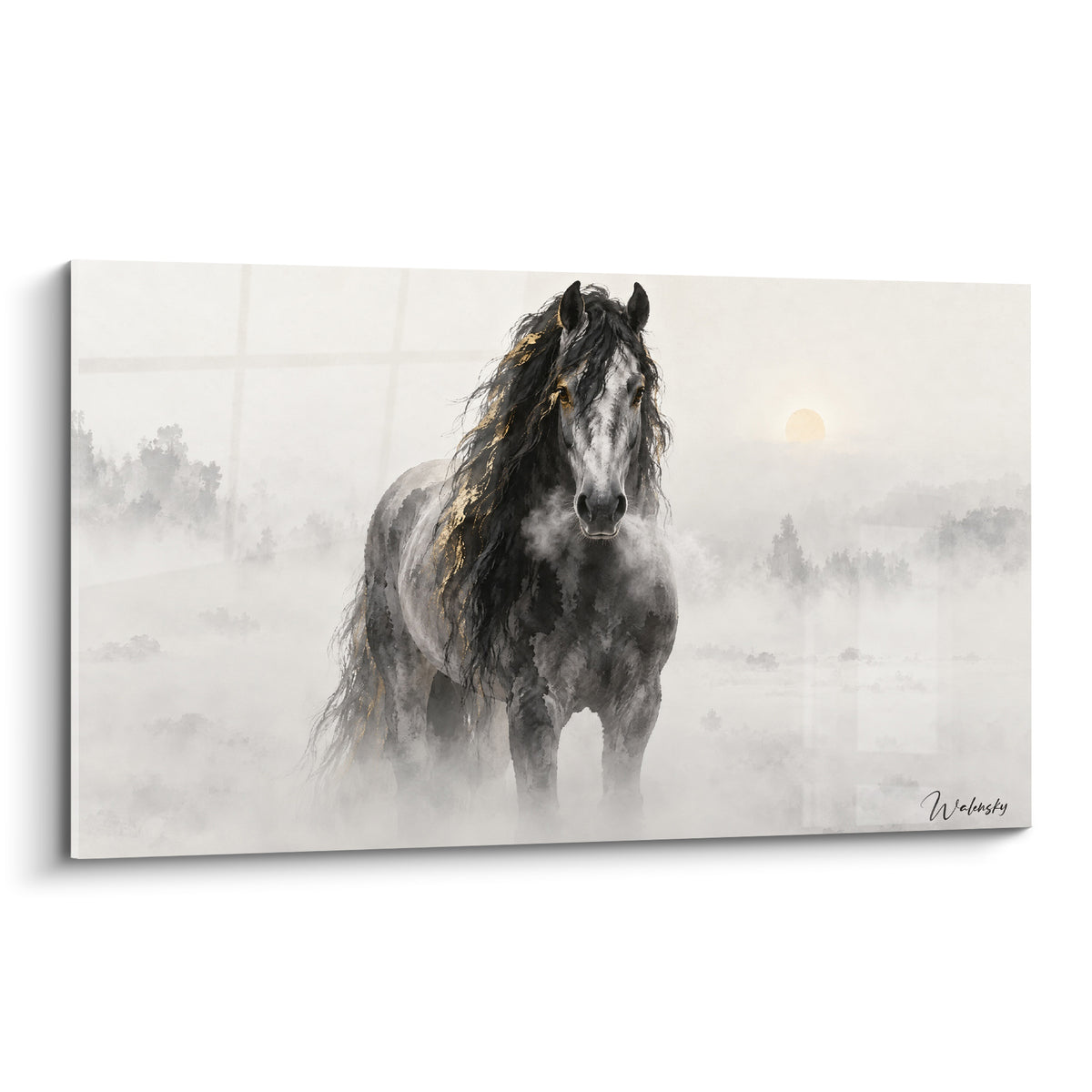 Tableau Cheval Andalou gris à crinière noire et dorée émergeant d'une brume blanche épaisse