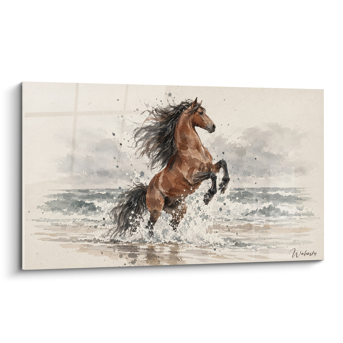 Tableau Cheval Andalou brun cabré dans l'écume grise, crinière noire au vent, aquarelle