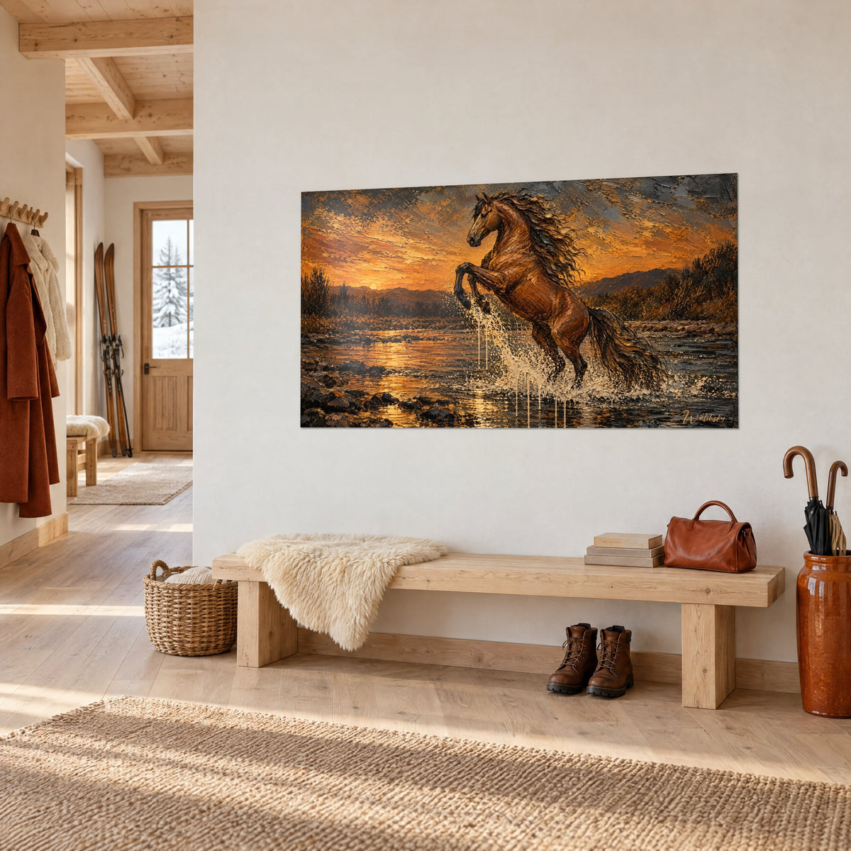 Tableau cheval brun dressé sur ses postérieurs, soleil couchant ambre et gris ardoise, vu de trois-quarts, dans un chalet