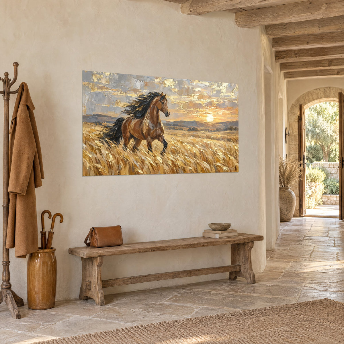 Tableau cheval brun au galop sur fond de collines bleutées, épis cuivrés et soleil pâle, dans un couloir de pierre
