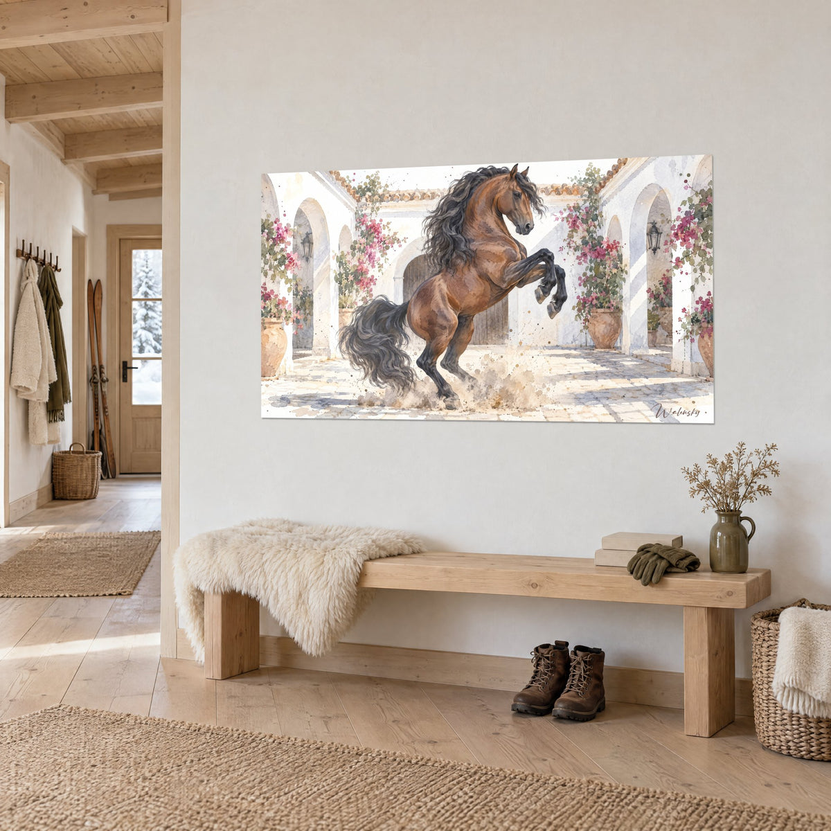 Tableau cheval se dressant sur ses postérieurs, robe brune, arches blanches et bougainvilliers roses, accroché dans l'entrée d'un chalet