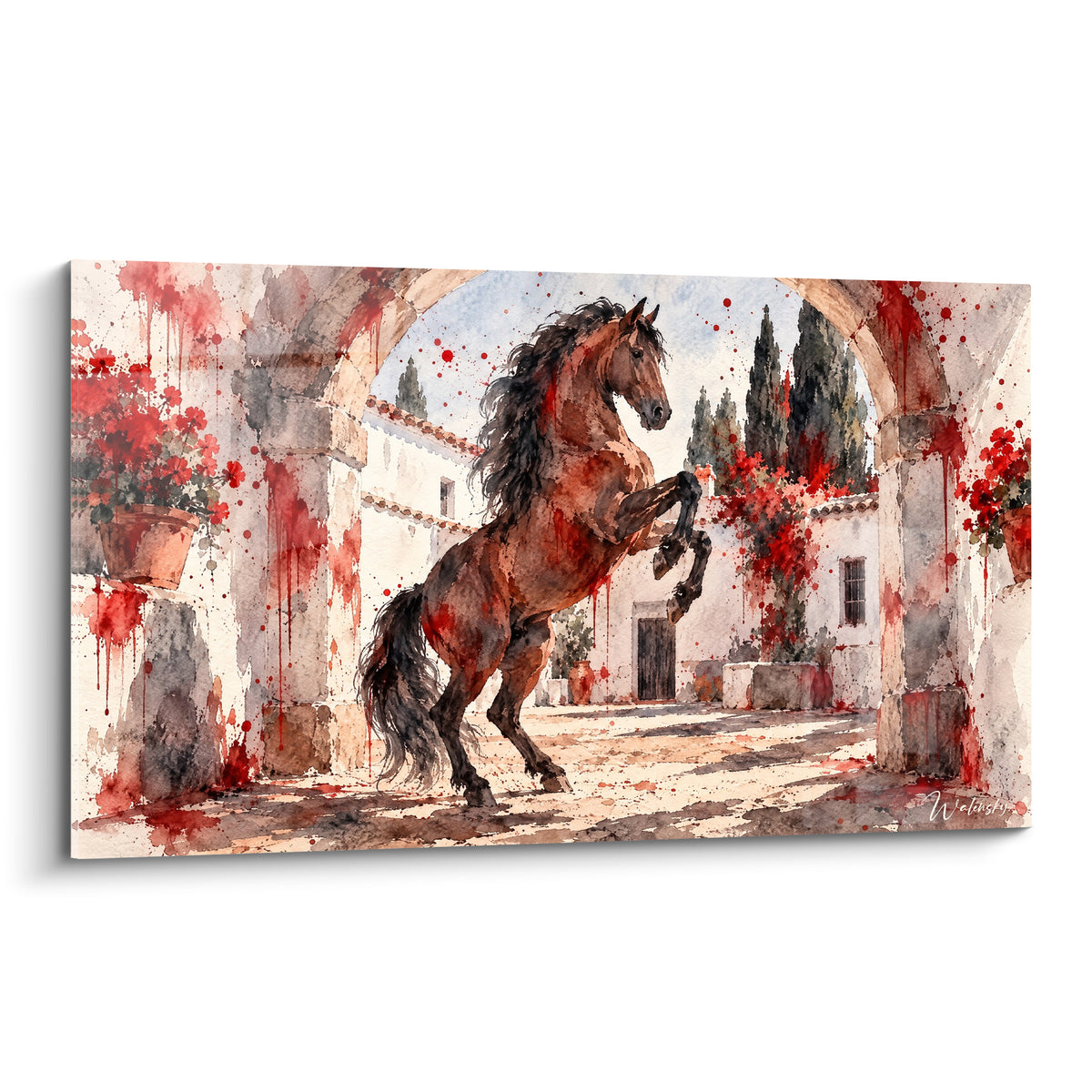Tableau Cheval Andalou cabré brun sous arcades blanches éclaboussées de rouge écarlate vif