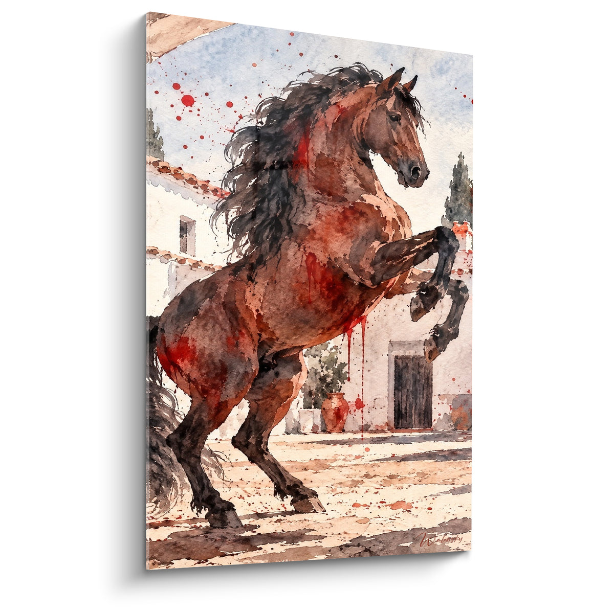 Tableau cheval andalou cabré brun et rouge terracotta devant une façade ocre sous ciel bleu pastel