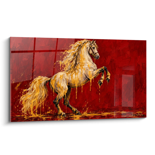 Tableau Cheval cabré doré sur fond rouge - Élan triomphant - Edition Cheval Andalou