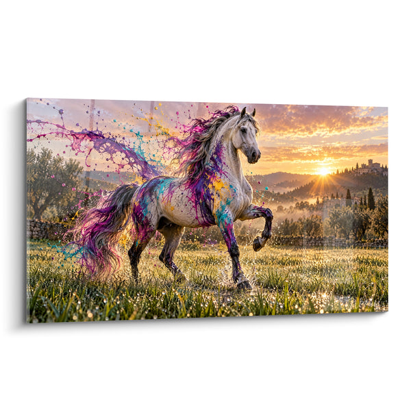 Tableau Cheval blanc aux éclaboussures violettes et turquoise - Explosion au crépuscule - Edition Cheval Andalou