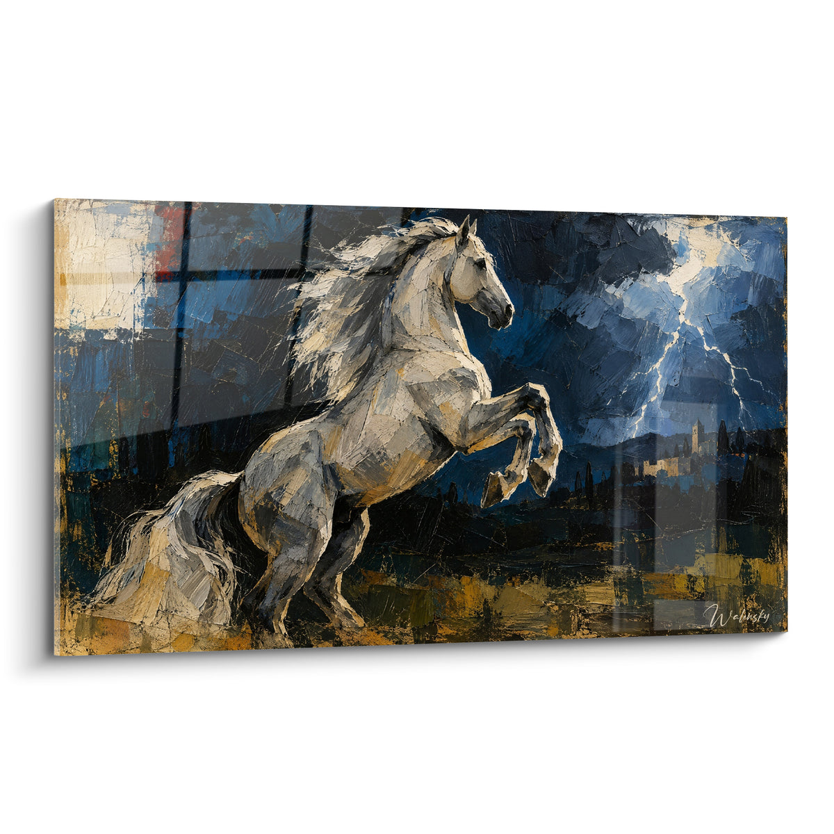 Tableau cheval andalou blanc cabré sous un ciel bleu marine zébré d'un éclair doré