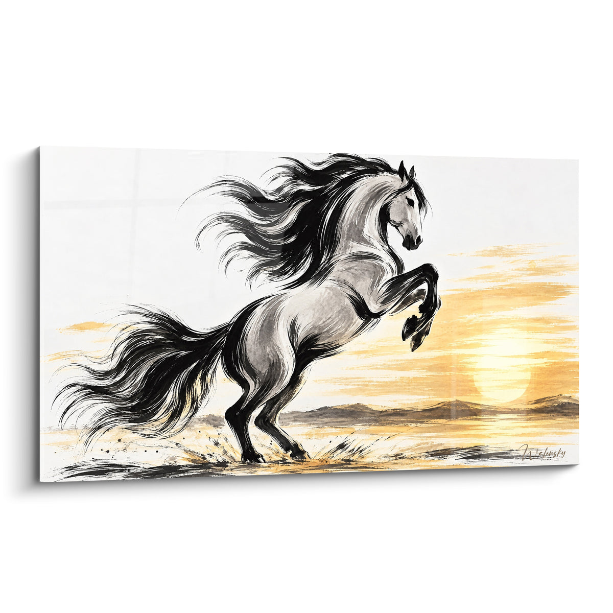 Tableau Cheval Andalou cabré, robe grise et crinière noire sur fond doré de coucher de soleil