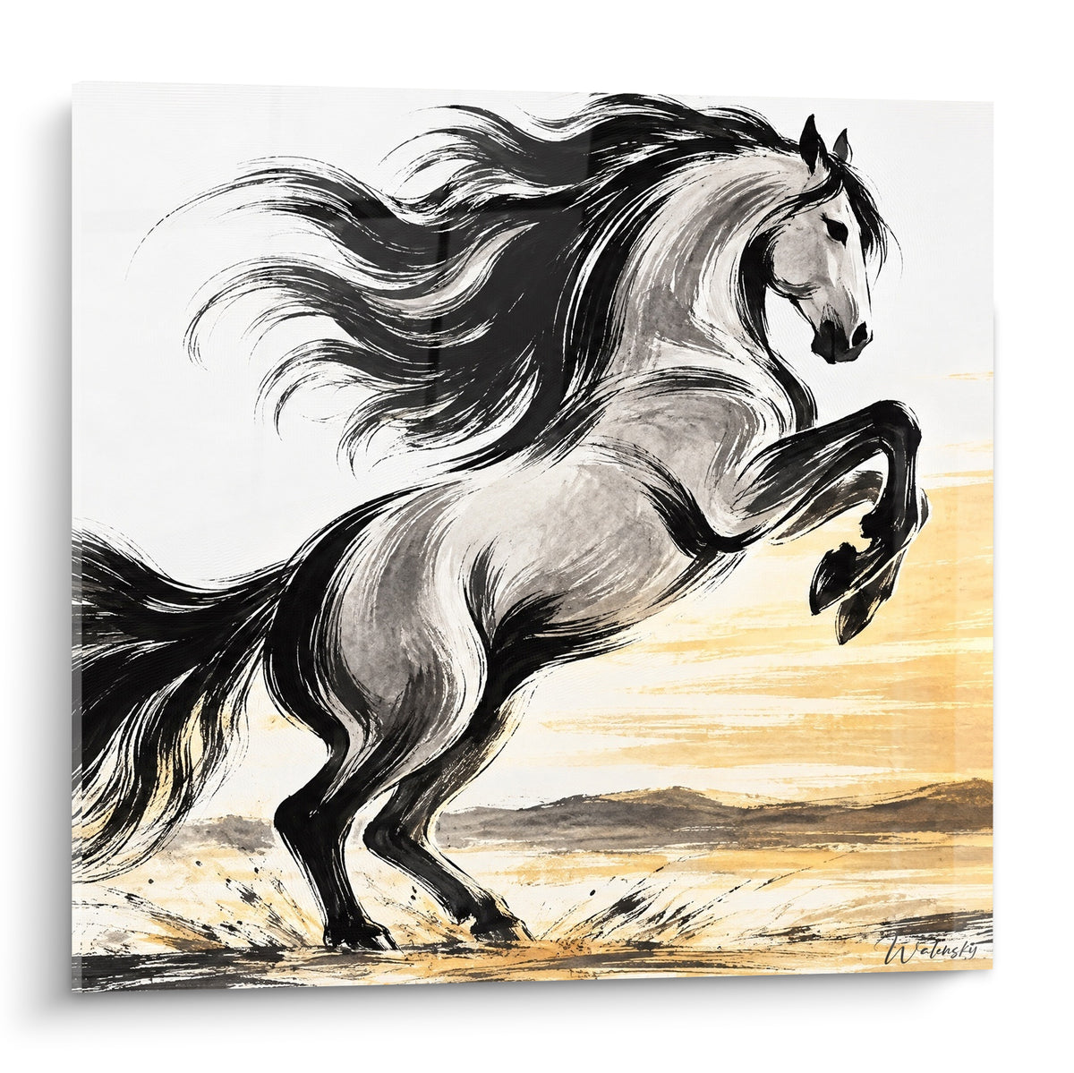 Tableau cheval andalou cabré, crinière noire et robe grise sur fond doré et sable.