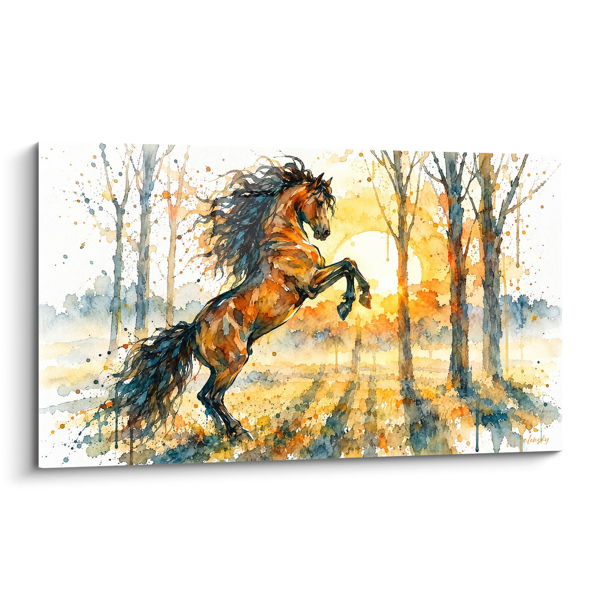 Tableau Cheval Andalou cabré en ocre et bleu pétrole devant un soleil levant doré