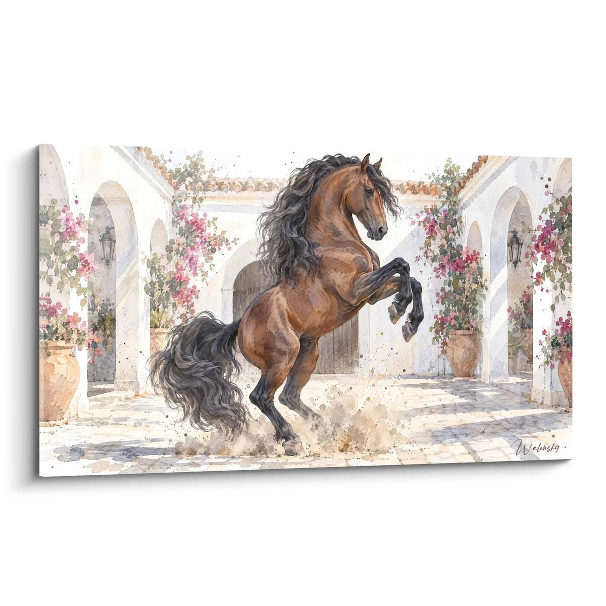 Tableau Cheval Andalou brun cabré, crinière grise, patio fleuri aux arches blanches