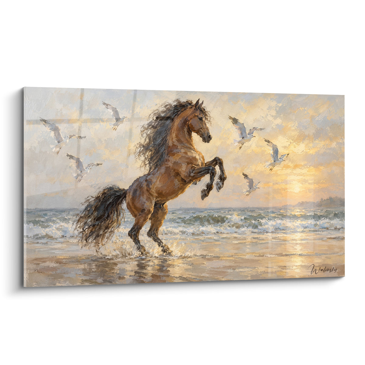 Tableau Cheval Andalou cabré brun doré sur plage, crinière au vent sous ciel bleu pastel et or