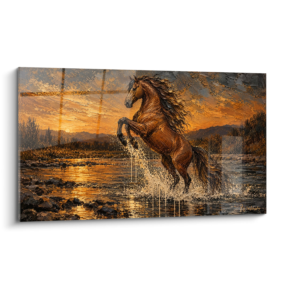 Tableau Cheval Andalou brun cabré dans une rivière dorée sous un ciel orangé crépusculaire