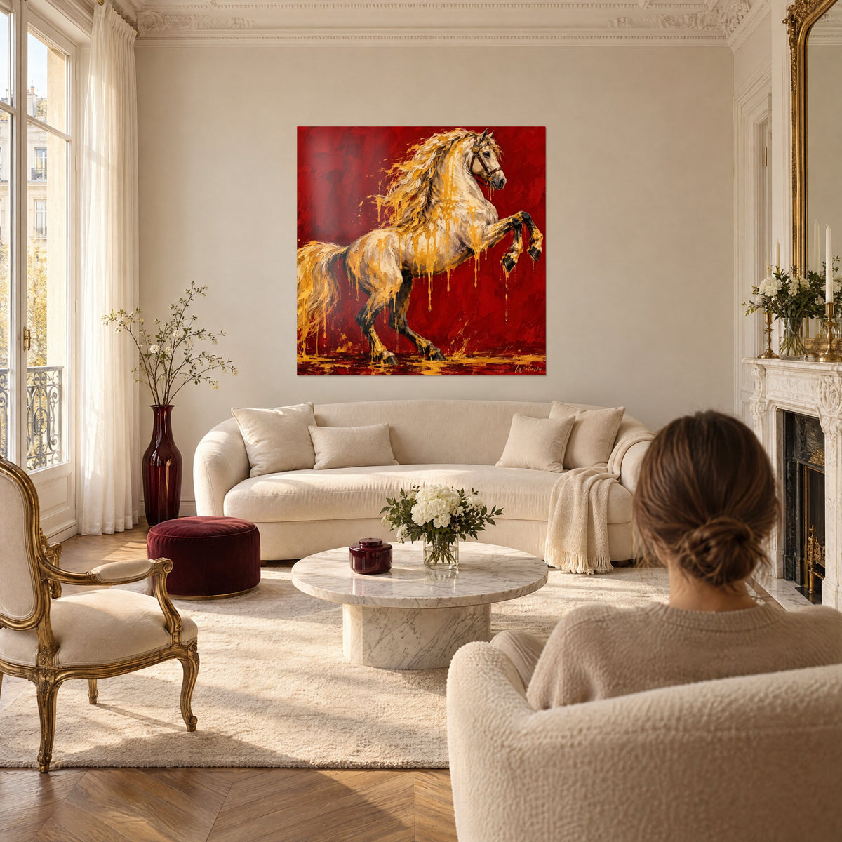 Tableau étalon blanc cabré sur fond écarlate, crinière ruisselante d'or, au-dessus d'un canapé dans un salon lumineux