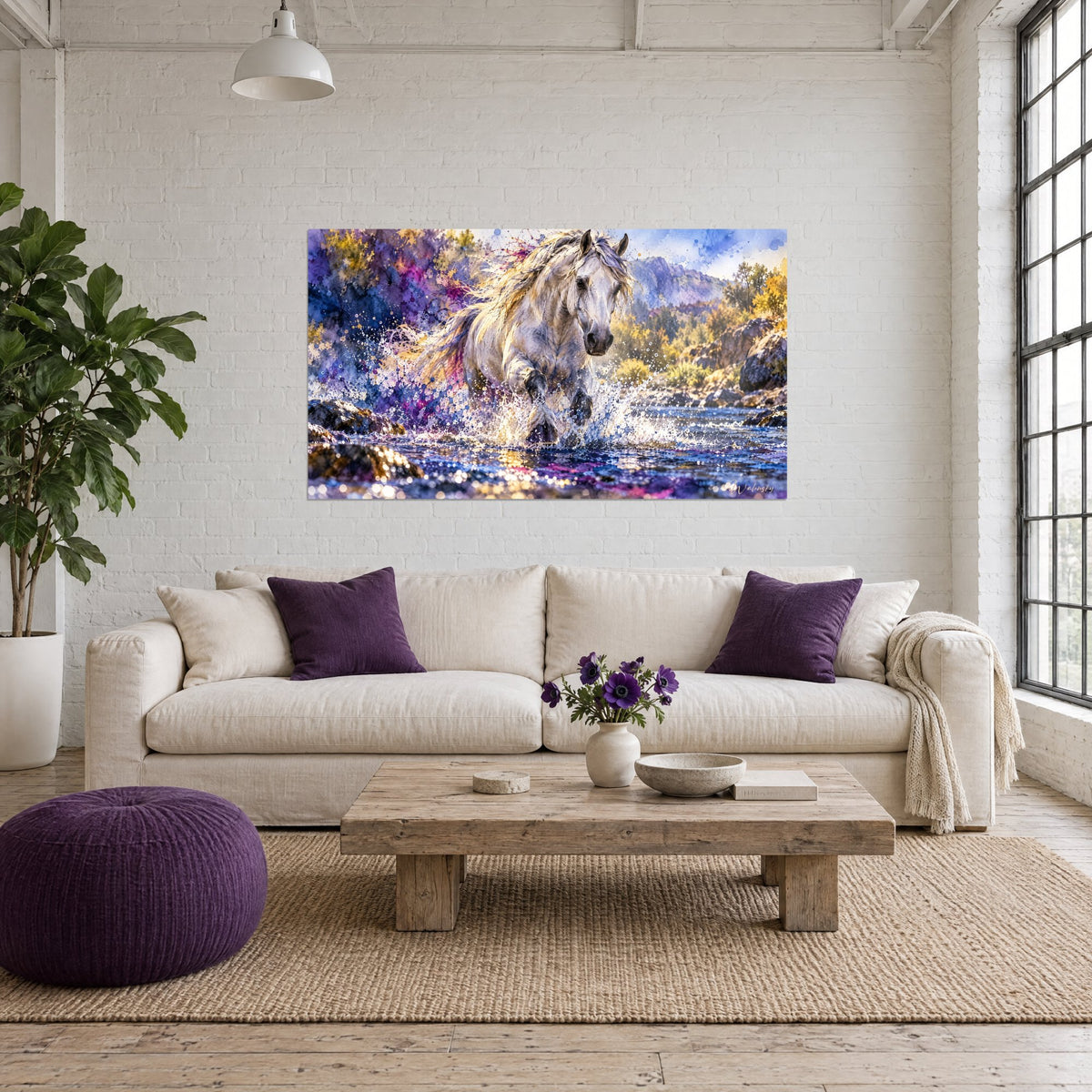 Tableau cheval blanc crinière dorée jaillissant d'une rivière violette, éclaboussures bleues, au-dessus d'un canapé dans un salon lumineux