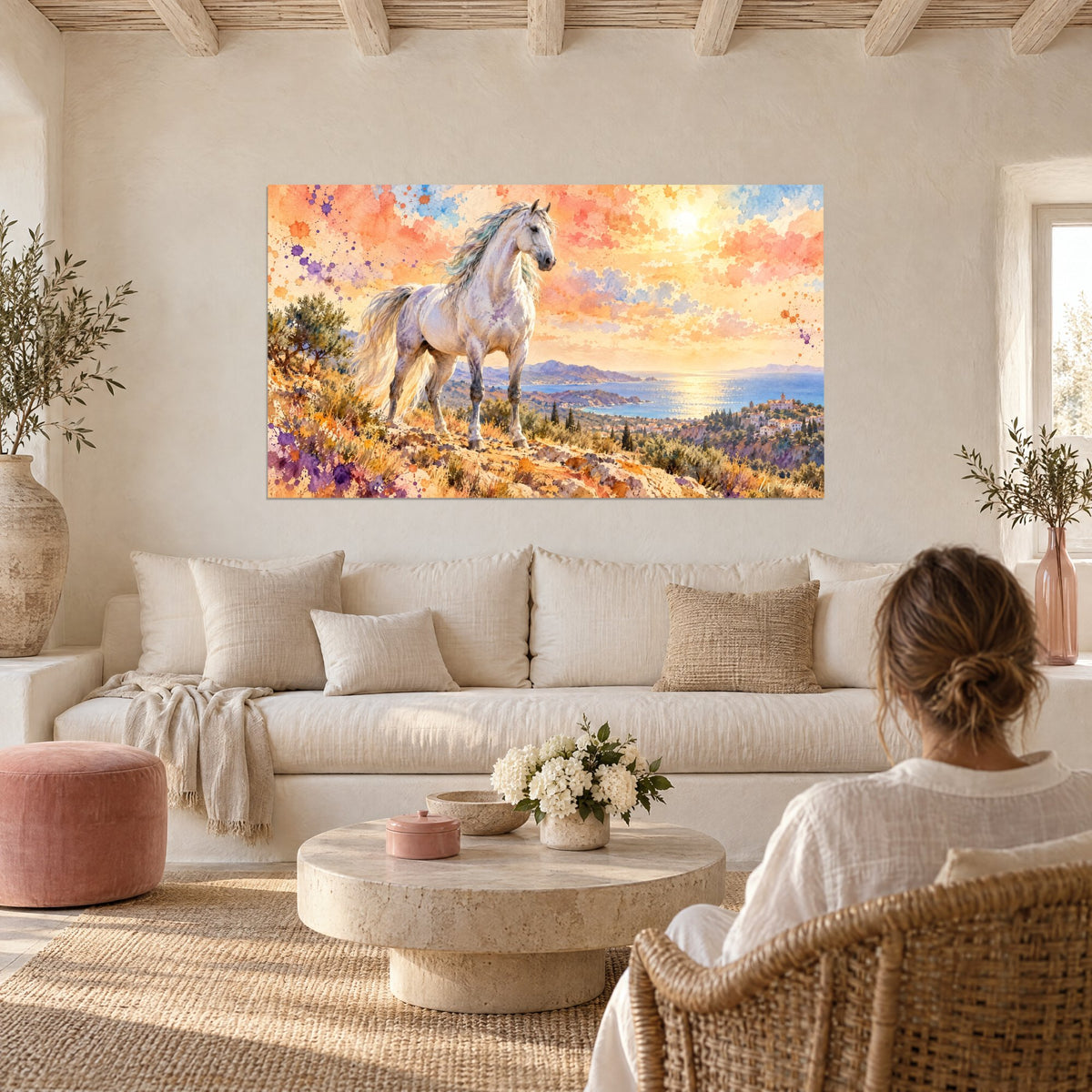 Tableau étalon blanc crinière flottante sur colline orangée, ciel rose et baie bleue, au-dessus d'un canapé dans un salon lumineux