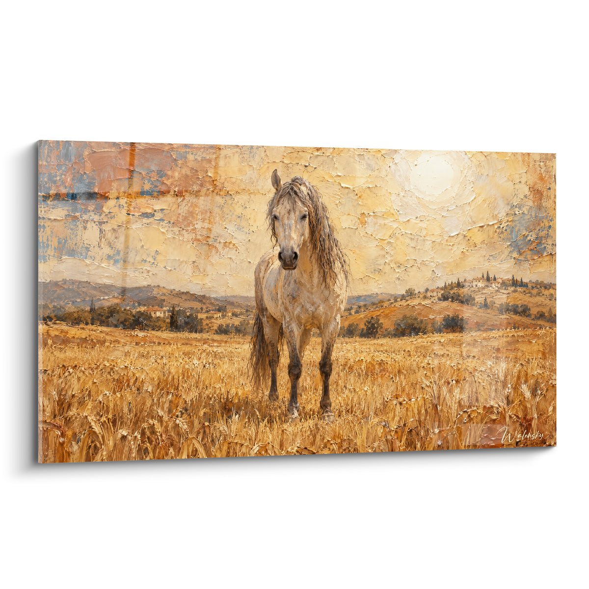 Tableau Cheval Andalou blanc dans un champ de blé doré sous un ciel ocre texturé
