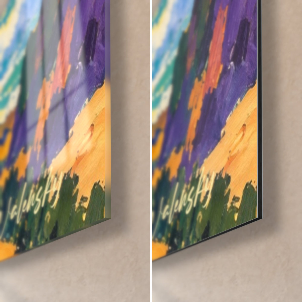 Tableau robe de coups de pinceau violets et jaune ocre, coin bas droit : verre brillant et Dibond mat, tranche de 3 mm