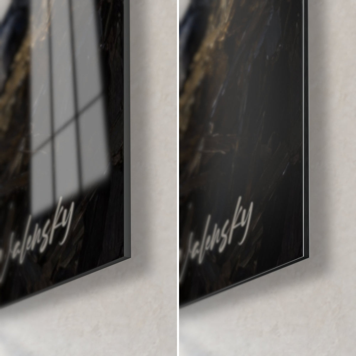 Tableau robe blanche au coup de spatule, paille dorée, coin bas droit : verre acrylique brillant reflétant, Dibond noir mat