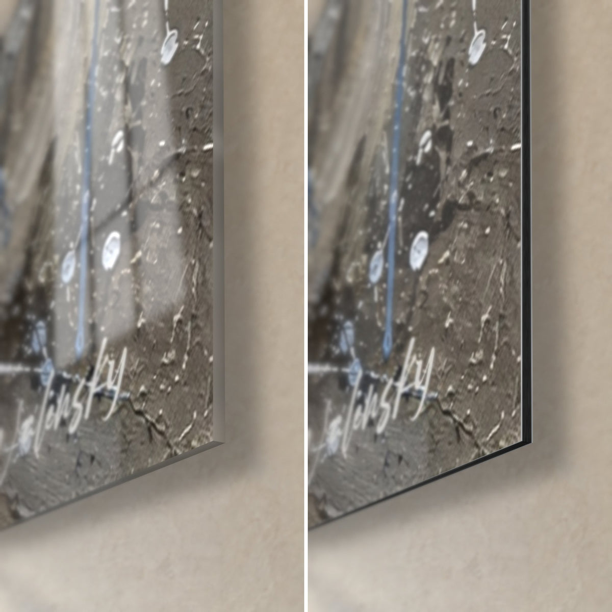 Tableau chevaux andalous en pâte épaisse, coin bas droit : verre brillant à gauche, alu Dibond mat à droite, tranche de 3 mm