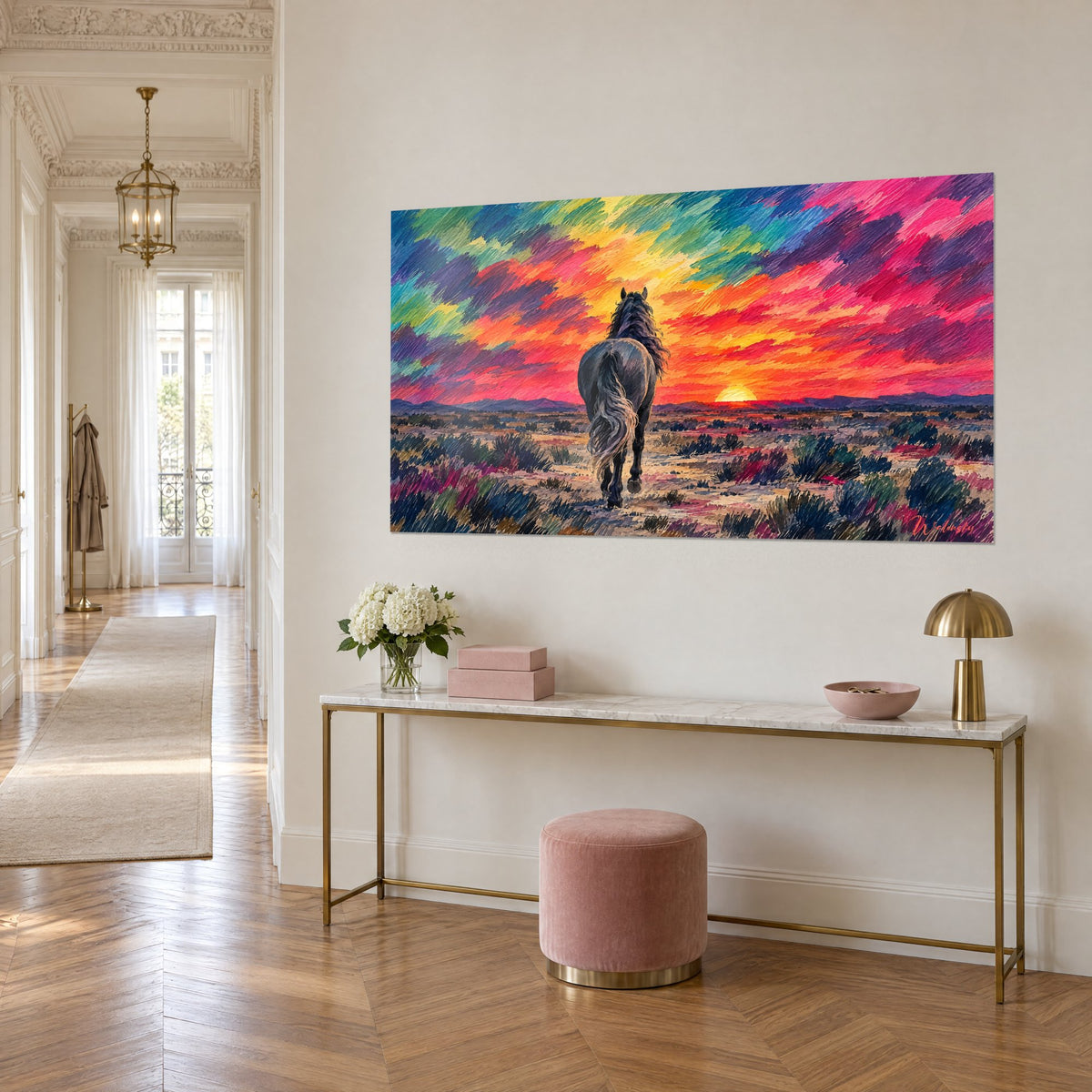Tableau destrier noir à la crinière ondulante marchant vers l'horizon, ciel magenta et jaune safran, sur console dorée dans l'entrée haussmannienne