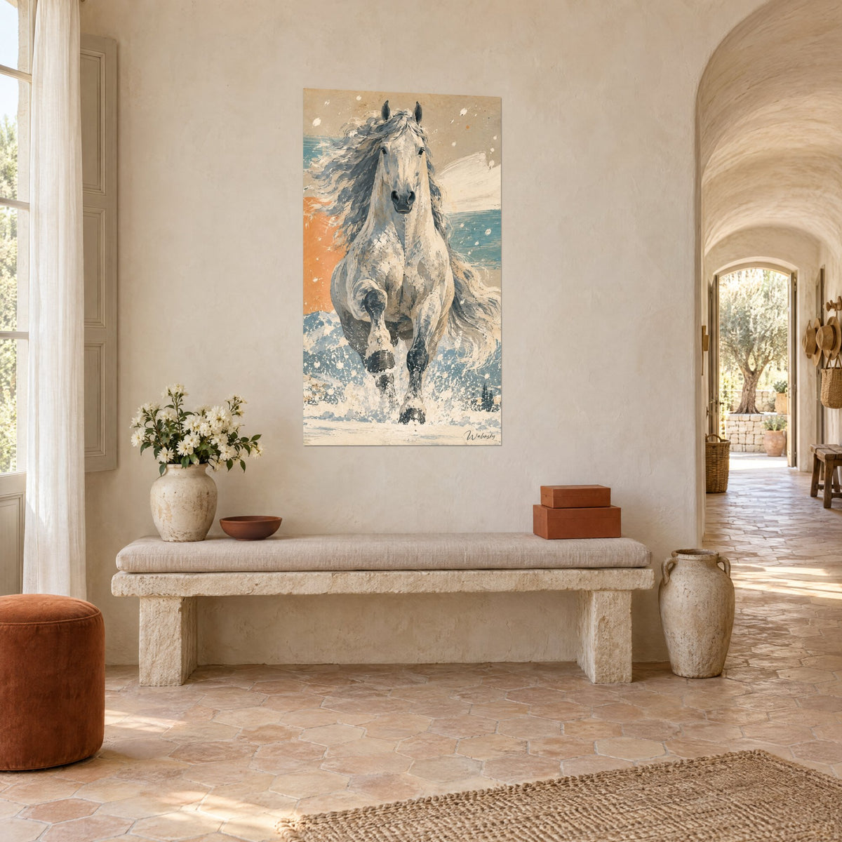 Tableau étalon ivoire jaillissant d'une mare turquoise, éclaboussures blanches, ocre et bleu, mur chaulé d'un couloir provençal