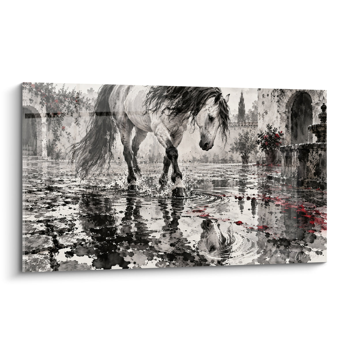 Tableau Cheval Andalou blanc et noir traversant une cour pavée tachée de rouge