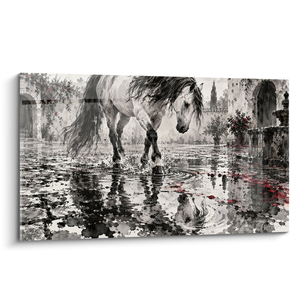 Tableau Cheval blanc et noir traversant une cour pavée - Pas dans le silence - Edition Cheval Andalou