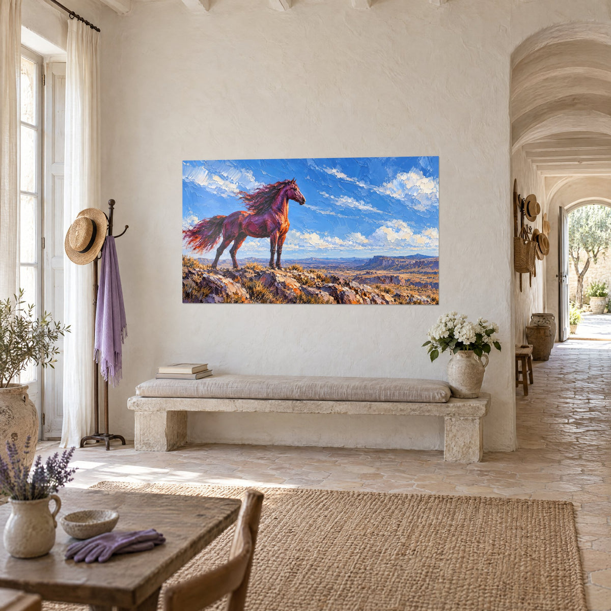 Tableau destrier bordeaux à la crinière flamboyante, rocher ocre et ciel bleu, accroché dans un mas provençal