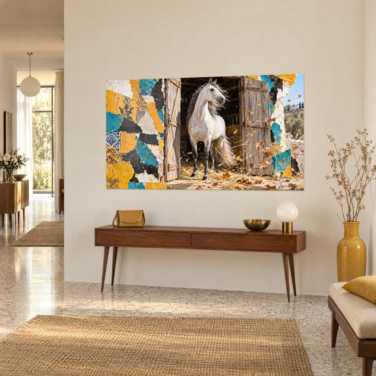 Tableau cheval andalou à la crinière argentée, portes de grange en bois blanchi, mosaïque noire et ocre, sur un meuble console en noyer