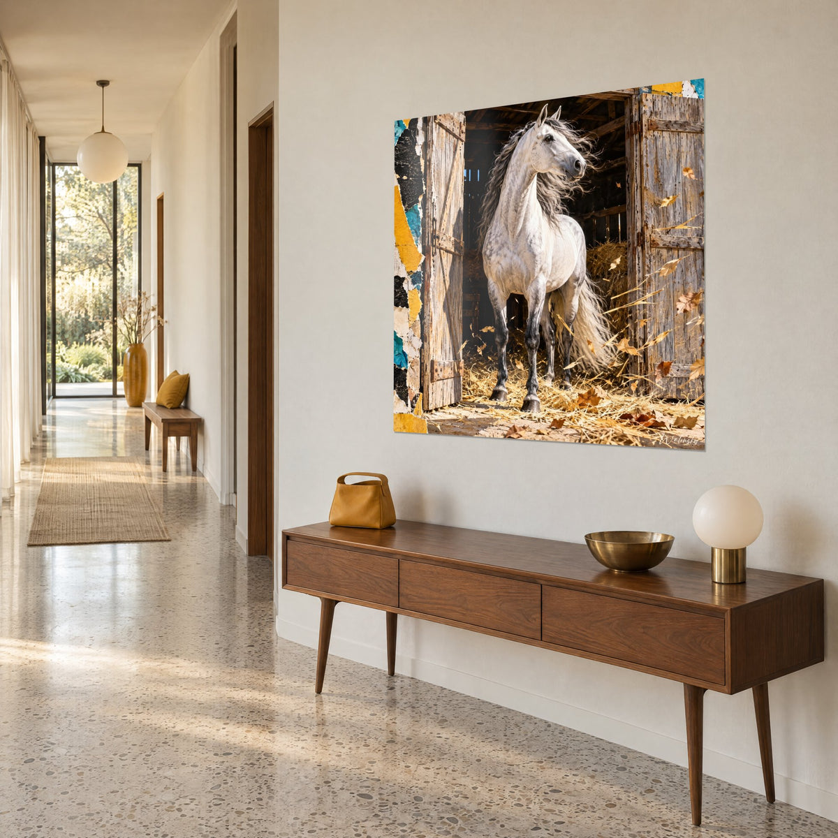 Tableau cheval blanc à la crinière ondulante devant une grange en bois patiné, paille dorée et touches turquoise, mur beige