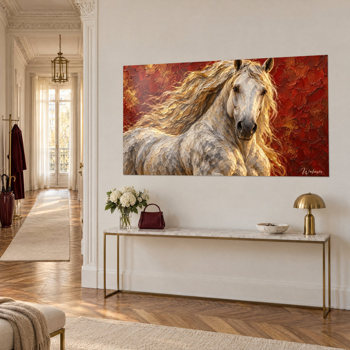Tableau cheval andalou ivoire, crinière dorée en mèches épaisses sur rouge vermillon, au-dessus d'une console dorée