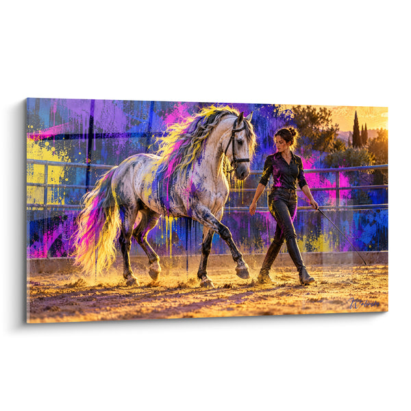 Tableau Cheval blanc crinière violette et dorée - Complicité au crépuscule - Edition Cheval Andalou