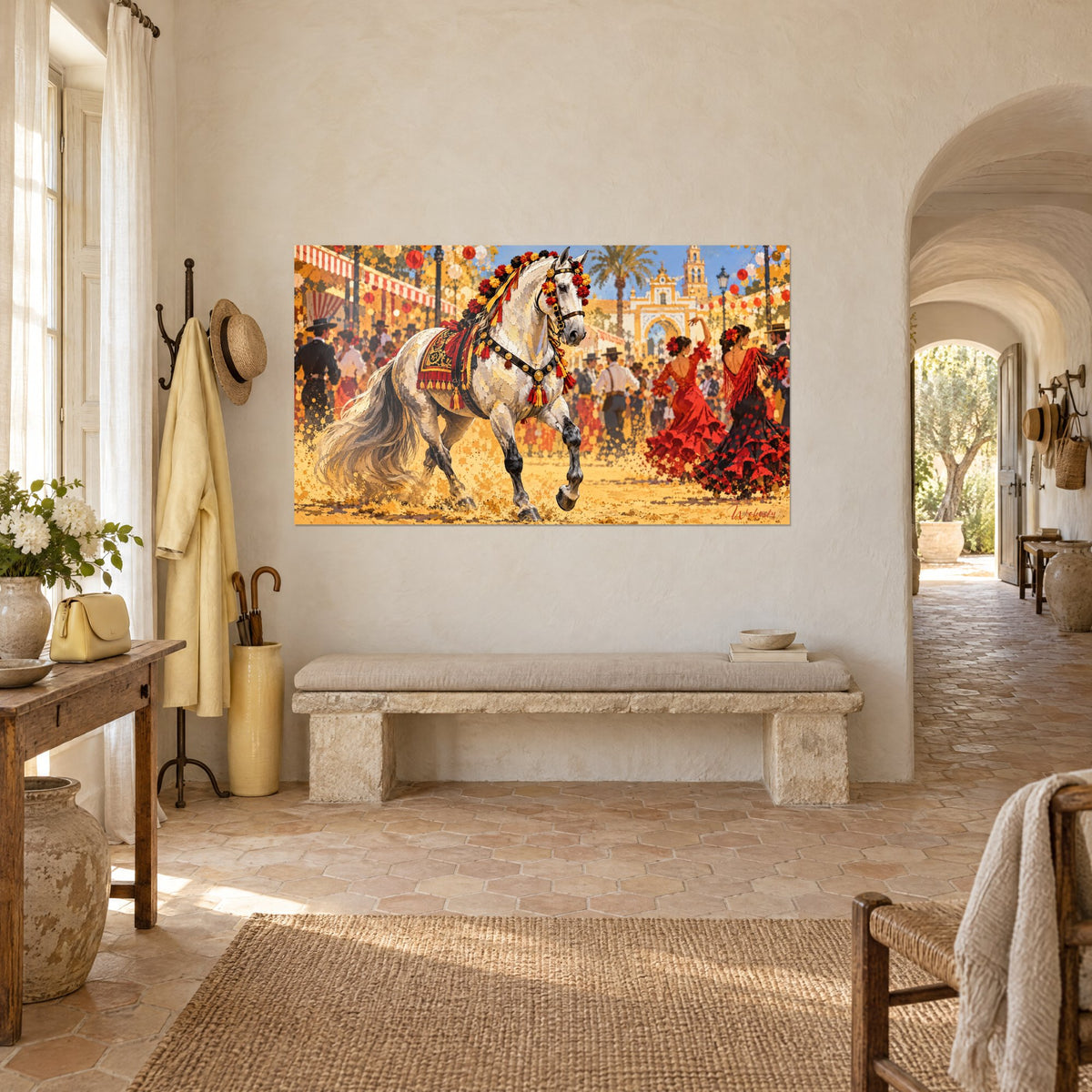 Tableau cheval andalou gris pommelé, pompons dorés et fleurs rouges dans la crinière, fête de Séville, dans un mas provençal