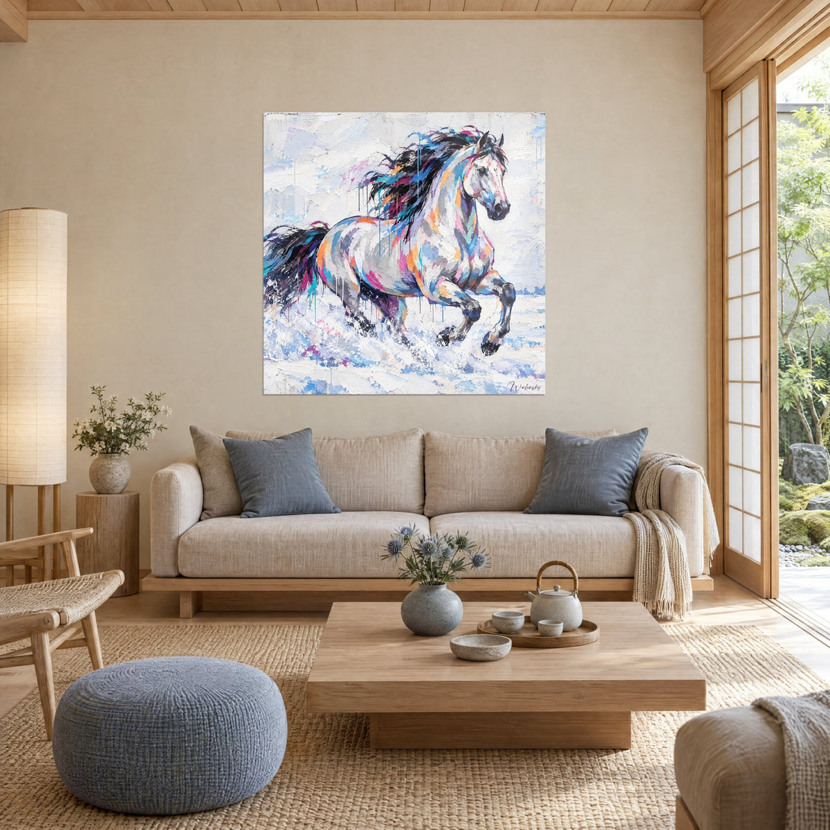 Tableau étalon blanc au galop, crinière noire striée de bleu turquoise et de rose, accroché au-dessus d'un canapé dans un salon lumineux