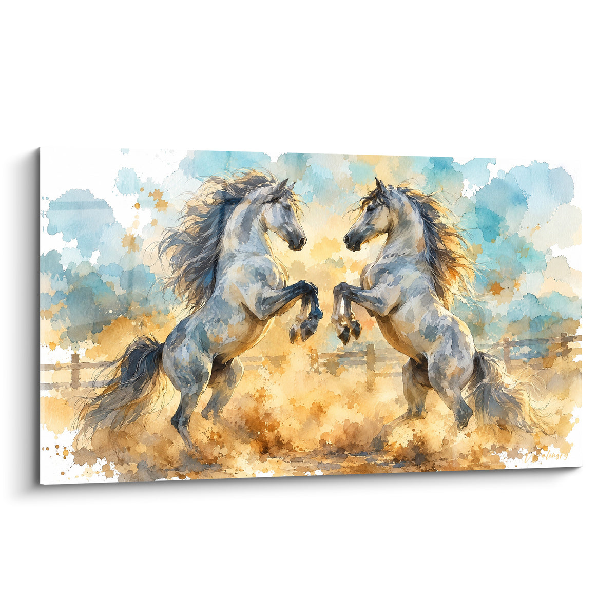 Tableau Cheval Andalou cabré face à un autre, robes grises, fond bleu pastel et ocre doré