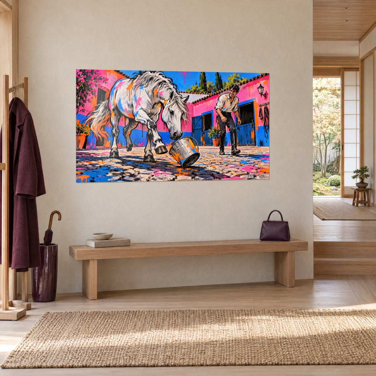 Tableau palefrenier hilare près d'une écurie rose et bleue, seau d'acier renversé sur les pavés, dans un couloir japandi